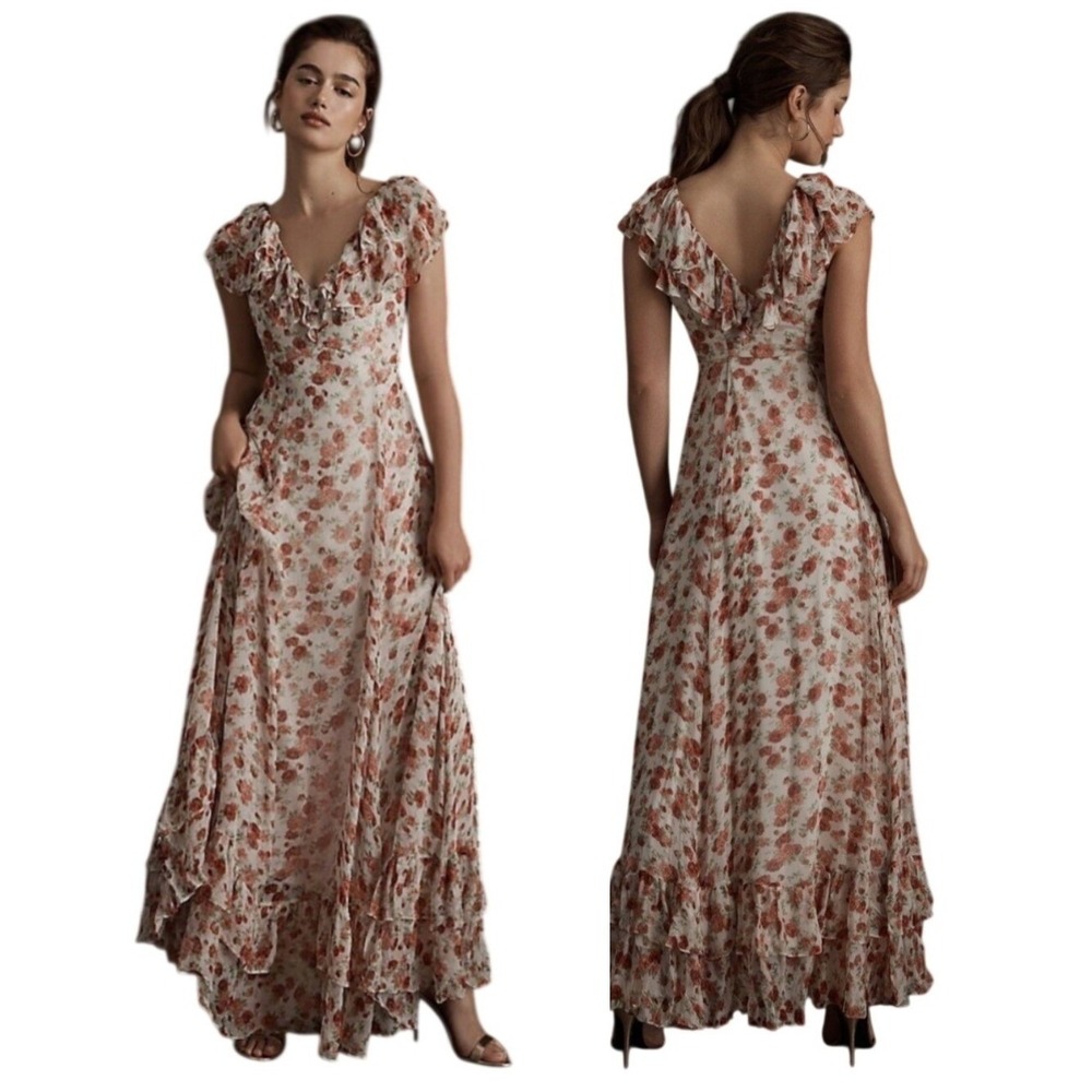 Sachin & Babi Ivy Rose Chiffon Flutter-Sleeve Ruffled V-Neck Gown size 16 NWT